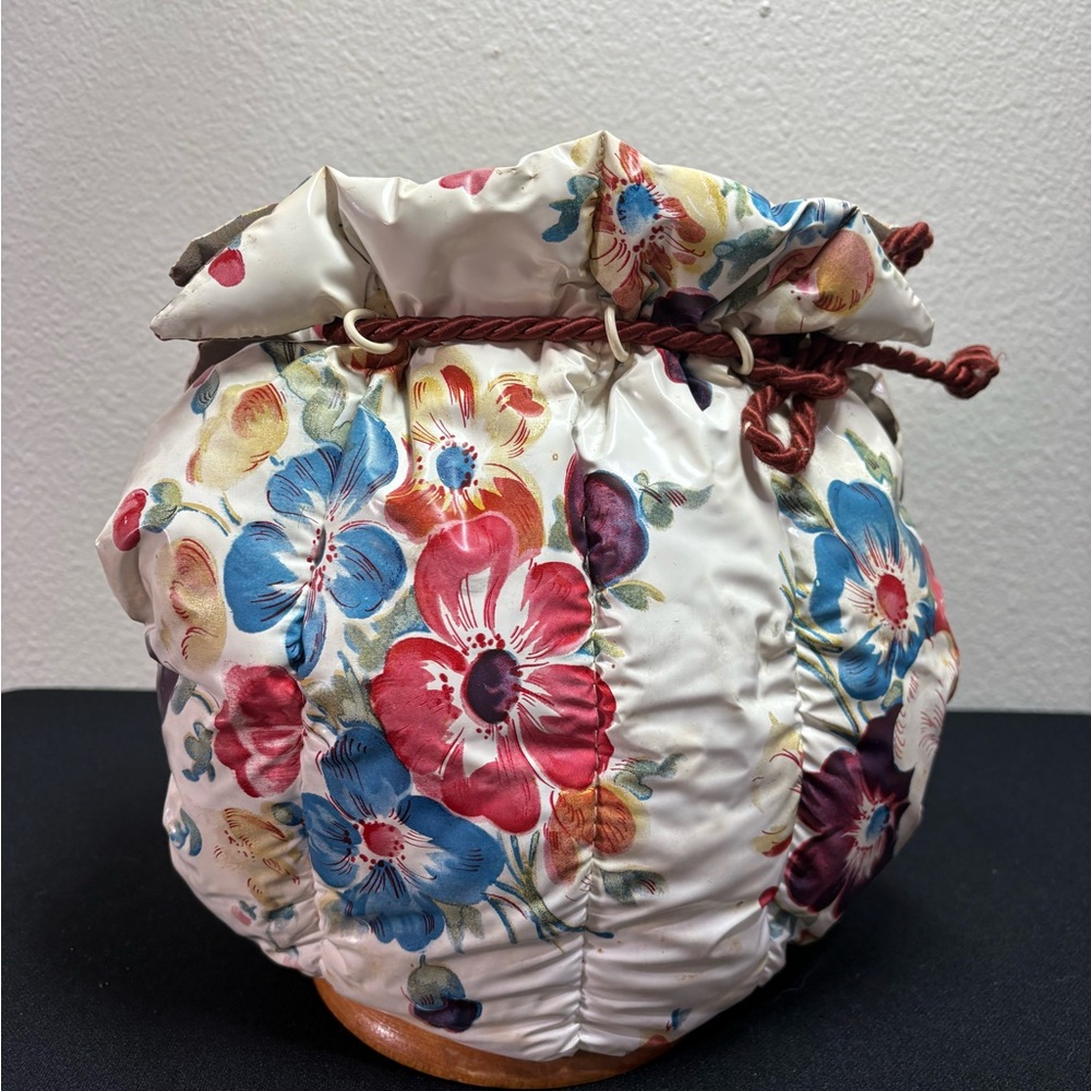 Vintage Tea Cosy Cozy Floral Plastic Drawstring Bag with Wooden Base Unique